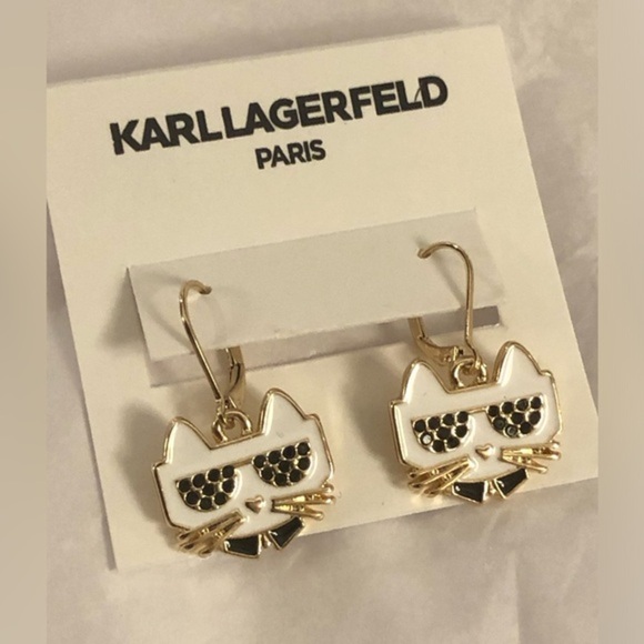 Karl Lagerfeld black white gold plated choupette cat dangling latchback earrings - Picture 1 of 7